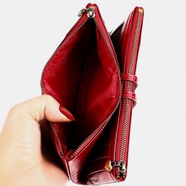 Women Genuine Leather Rfid Antimagnetic Multi-slots 14 Card Slots Zipper Bifold Long Wallet