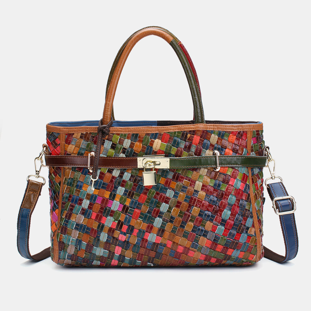 Women Genuine Leather Weave Handbag Crossbody Bag