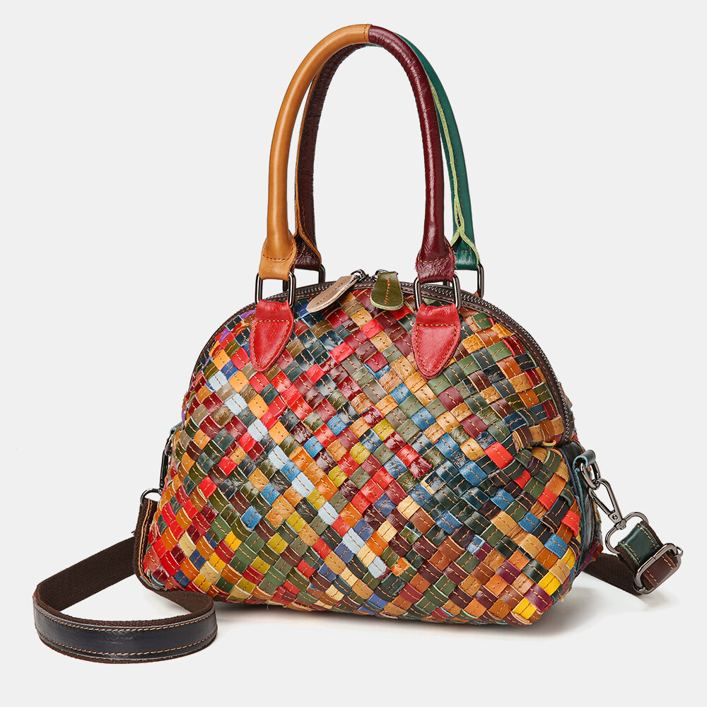 Women Genuine Leather Weave Patchwork Multicolor Shoulder Bag Crossbody Bag