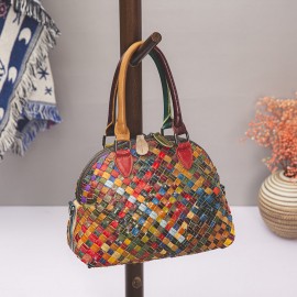 Women Genuine Leather Weave Patchwork Multicolor Shoulder Bag Crossbody Bag