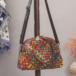 Women Genuine Leather Weave Patchwork Multicolor Shoulder Bag Crossbody Bag