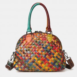 Women Genuine Leather Weave Patchwork Multicolor Shoulder Bag Crossbody Bag