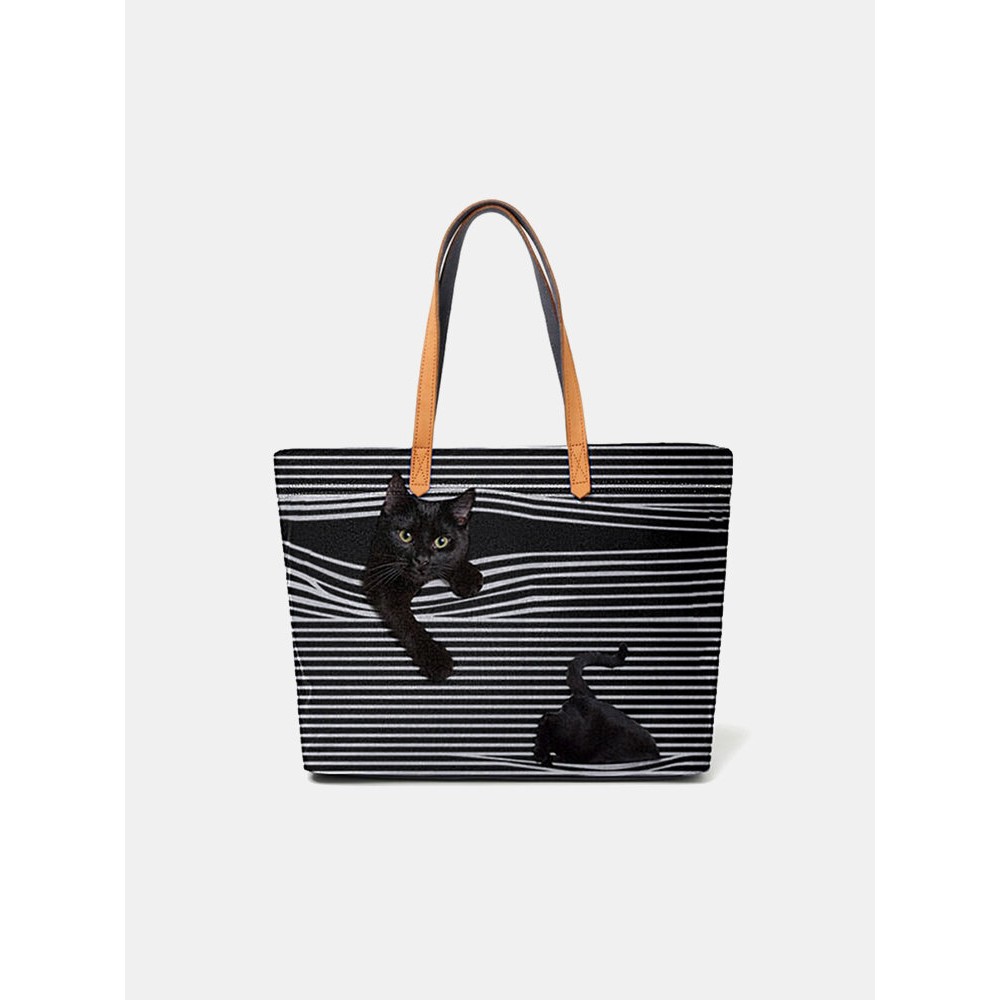 Women Large Capacity Stripe Cat Handbag Shoulder Bag Tote