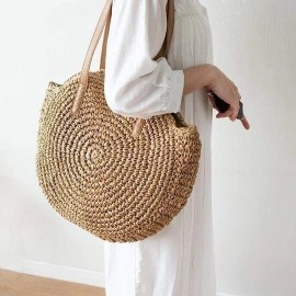 Women Leisure Round Straw Bag Woven Beach Bag Shoulder Bag