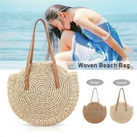 Women Leisure Round Straw Bag Woven Beach Bag Shoulder Bag