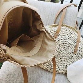 Women Leisure Round Straw Bag Woven Beach Bag Shoulder Bag