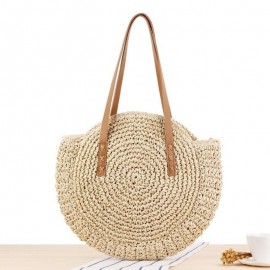 Women Leisure Round Straw Bag Woven Beach Bag Shoulder Bag