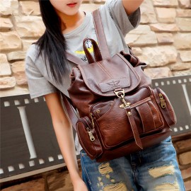 Women Men PU Leather Vintage Shoulder Bag School Bag Backpack