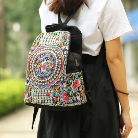 Women National Style Embroidery Zipper Creative Backpack Flower Bag Satchel