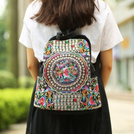 Women National Style Embroidery Zipper Creative Backpack Flower Bag Satchel