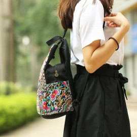 Women National Style Embroidery Zipper Creative Backpack Flower Bag Satchel