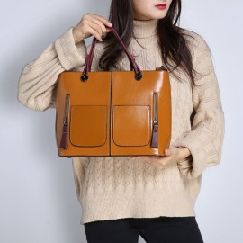 Women Oil Wax Leather Tote Bag Retro Shoulder Bags Handbags