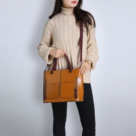 Women Oil Wax Leather Tote Bag Retro Shoulder Bags Handbags