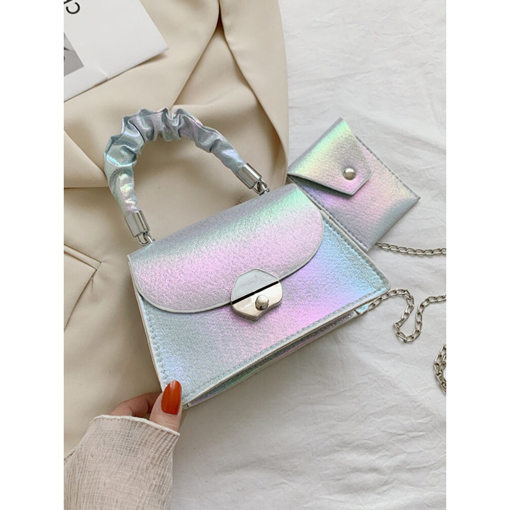 Women PU Leather 2 PCS Chains Gradient Crossbody Bag Handbag Satchel Bag