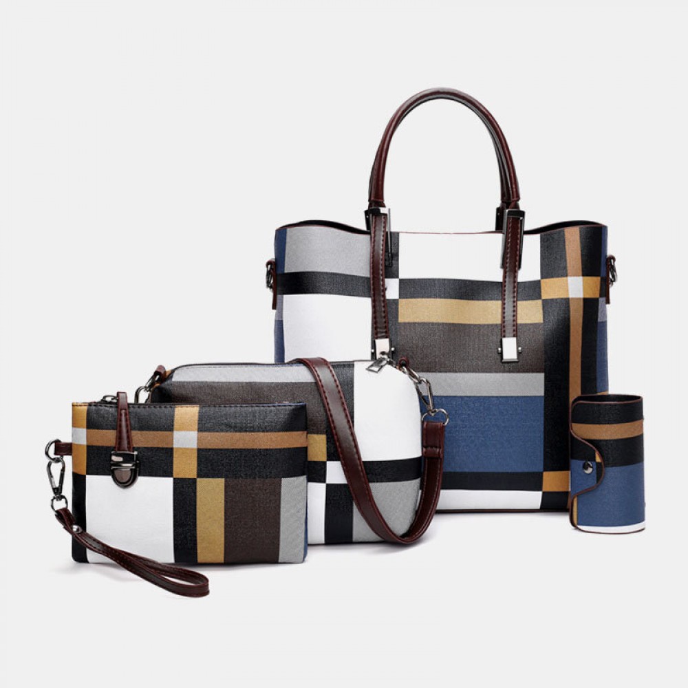 Women PU Leather 4PCS Colorblock Patchwork Handbag Crossbody Bag Purse