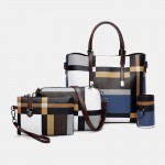 Women PU Leather 4PCS Colorblock Patchwork Handbag Crossbody Bag Purse