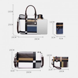 Women PU Leather 4PCS Colorblock Patchwork Handbag Crossbody Bag Purse
