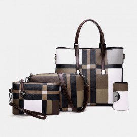 Women PU Leather 4PCS Colorblock Patchwork Handbag Crossbody Bag Purse