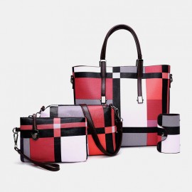 Women PU Leather 4PCS Colorblock Patchwork Handbag Crossbody Bag Purse