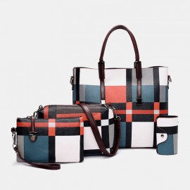 Women PU Leather 4PCS Colorblock Patchwork Handbag Crossbody Bag Purse