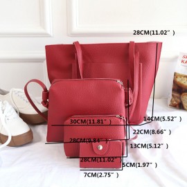Women PU Leather Handbag Set 4 Pcs Solid Tote Bag