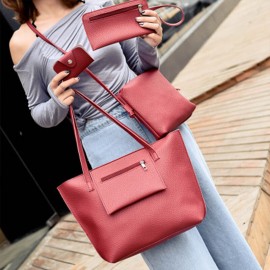 Women PU Leather Handbag Set 4 Pcs Solid Tote Bag