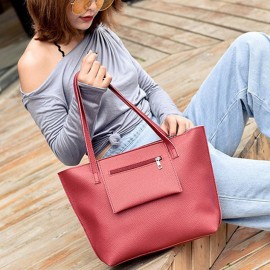 Women PU Leather Handbag Set 4 Pcs Solid Tote Bag