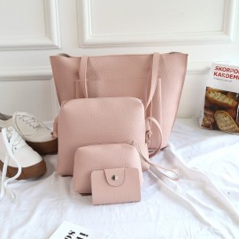 Women PU Leather Handbag Set 4 Pcs Solid Tote Bag