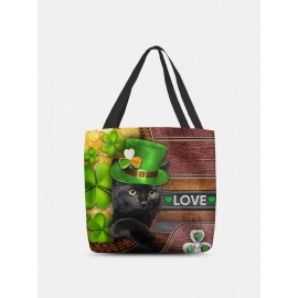 Women Polyester Cat Clover Happy St Patrick Day Pattern Print Handbag Shoulder Bag Tote