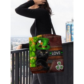 Women Polyester Cat Clover Happy St Patrick Day Pattern Print Handbag Shoulder Bag Tote