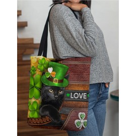 Women Polyester Cat Clover Happy St Patrick Day Pattern Print Handbag Shoulder Bag Tote