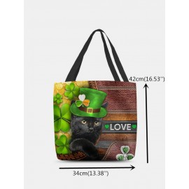 Women Polyester Cat Clover Happy St Patrick Day Pattern Print Handbag Shoulder Bag Tote