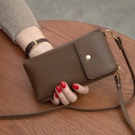 Women Pure Color PU Leather 5.5inch Phone Bag Wallet Crossbody Bag Purse
