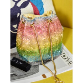 Women Rainbow Rhinestone Ombre Bucket Bag Crossbody Bag Tote