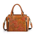 Women Retro Genuine Leather Handbag Hand Embossed Craft Flower Crossbody bag