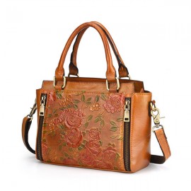 Women Retro Genuine Leather Handbag Hand Embossed Craft Flower Crossbody bag