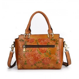 Women Retro Genuine Leather Handbag Hand Embossed Craft Flower Crossbody bag