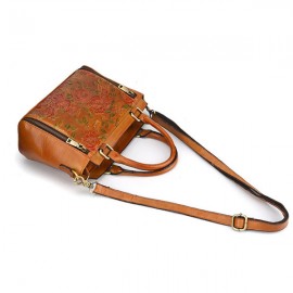 Women Retro Genuine Leather Handbag Hand Embossed Craft Flower Crossbody bag