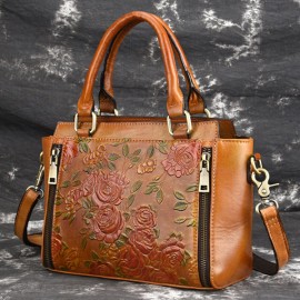 Women Retro Genuine Leather Handbag Hand Embossed Craft Flower Crossbody bag