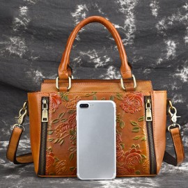 Women Retro Genuine Leather Handbag Hand Embossed Craft Flower Crossbody bag