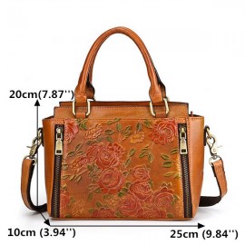 Women Retro Genuine Leather Handbag Hand Embossed Craft Flower Crossbody bag