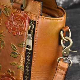Women Retro Genuine Leather Handbag Hand Embossed Craft Flower Crossbody bag