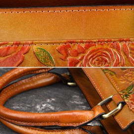Women Retro Genuine Leather Handbag Hand Embossed Craft Flower Crossbody bag
