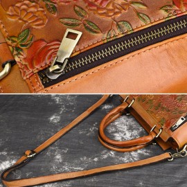 Women Retro Genuine Leather Handbag Hand Embossed Craft Flower Crossbody bag