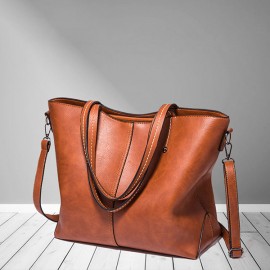 Women Retro Oil Wax Tote Bag Large Capacity Handbag Solid Leisure Crossbody Bag