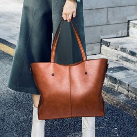 Women Retro Oil Wax Tote Bag Large Capacity Handbag Solid Leisure Crossbody Bag