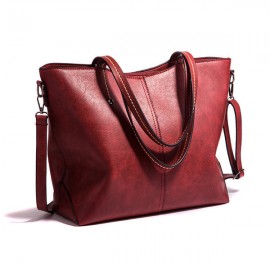 Women Retro Oil Wax Tote Bag Large Capacity Handbag Solid Leisure Crossbody Bag