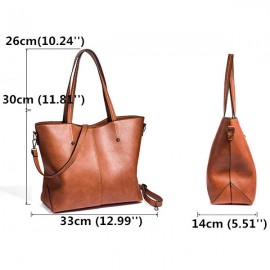 Women Retro Oil Wax Tote Bag Large Capacity Handbag Solid Leisure Crossbody Bag