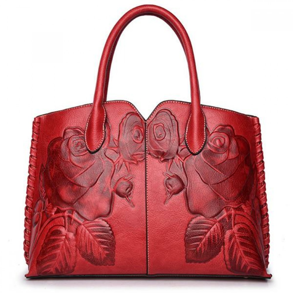 Women Retro PU Leather Handbag Embossed Peony Chinese Style Large Capacity Crossbody Bag