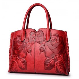 Women Retro PU Leather Handbag Embossed Peony Chinese Style Large Capacity Crossbody Bag